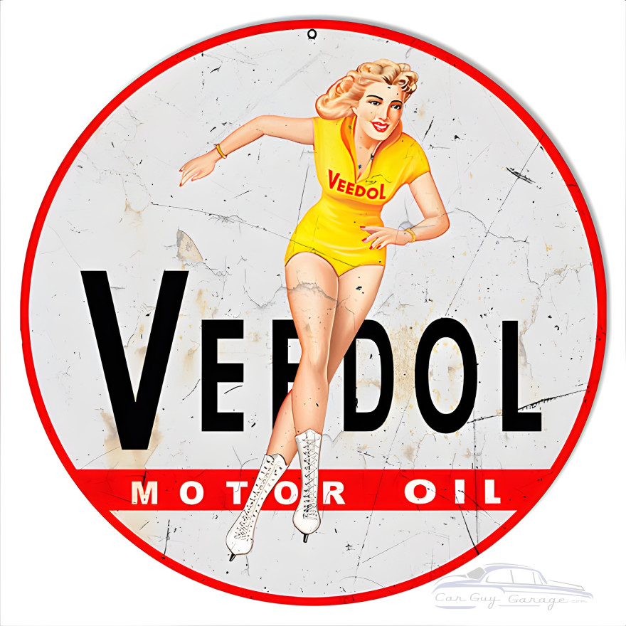 Veedol Pin Up Girl Reproduction Motor Oil Metal Sign - 14" Round Veedol Pin Up Girl Reproduction Motor Oil Metal Sign - 14" Round