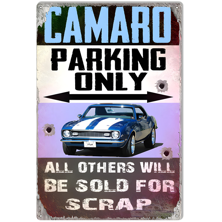 Camaro Parking With Faux Bullet Holes Metal Sign - 12" x 18" Camaro Parking With Faux Bullet Holes Metal Sign - 12" x 18"