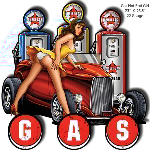 Gas Hot Rod Pin Up Girl Laser Cut Out Garage Shop Metal Sign - 23" x 23.5"