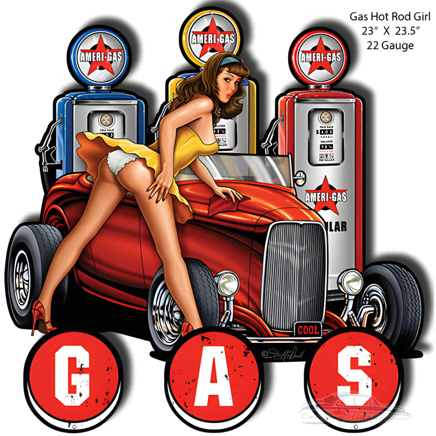 Gas Hot Rod Pin Up Girl Laser Cut Out Garage Shop Metal Sign - 23" x 23.5" Gas Hot Rod Pin Up Girl Laser Cut Out Garage Shop Metal Sign - 23" x 23.5"