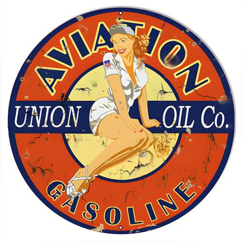 Aviation Vintage Reproduction Pin Up Girl Motor Oil Metal Sign - 14" Round
