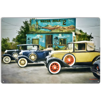 Model Ts At The Watering Hole Metal Sign - 12" x 18"