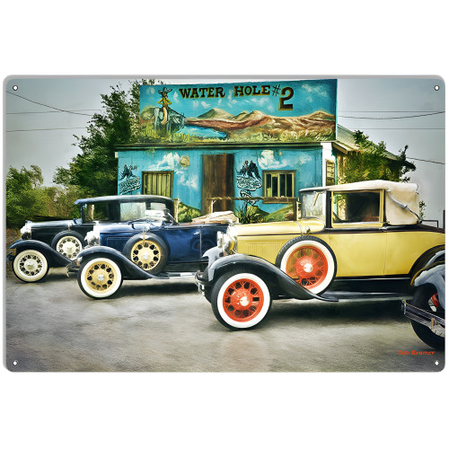 Model Ts At The Watering Hole Metal Sign - 12" x 18"