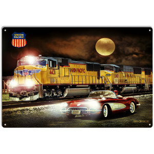 Union Pacific Metal Sign with Locomotive and Corvette - 12" x 18"