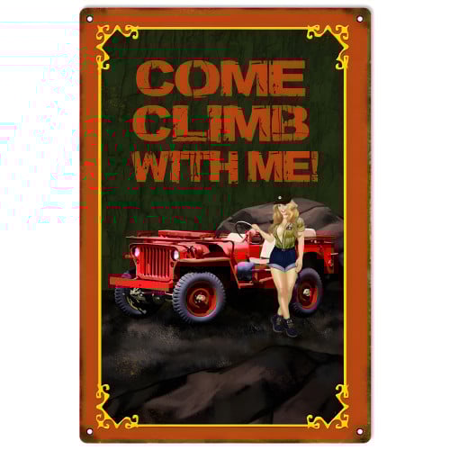 Red Come Climb With Me Pin Up Girl Jeep Metal Sign - 12" x 18"