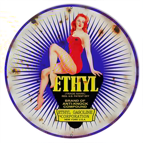 Large Reproduction Ethyl Pin Up Girl Motor Oil Metal Sign - 18" Round