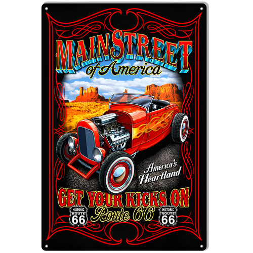 Hot Rod Main Street Route 66 Garage Art Metal Sign - 12" x 18"