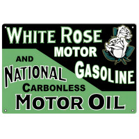 White Rose Motor Gasoline And National Carbonless Motor Oil Metal Sign - 12" x 18"