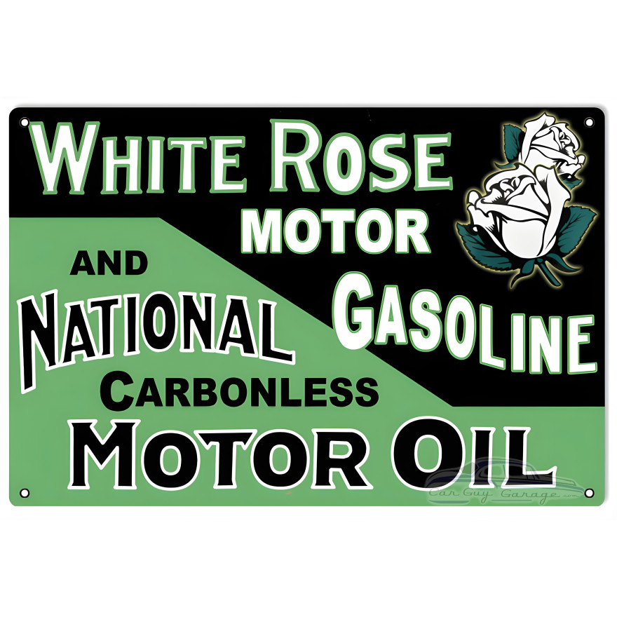 White Rose Motor Gasoline And National Carbonless Motor Oil Metal Sign - 12" x 18" White Rose Motor Gasoline And National Carbonless Motor Oil Metal Sign - 12" x 18"