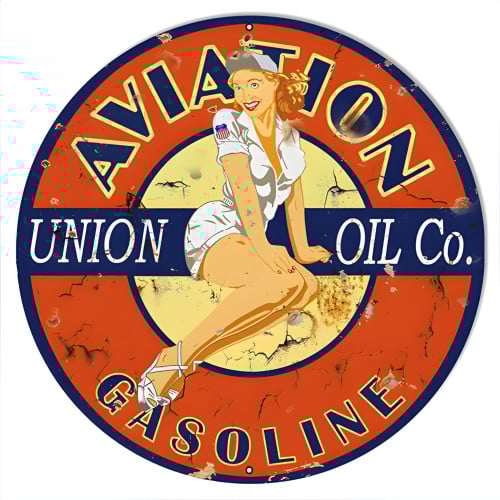 Aviation Vintage Reproduction Pin Up Girl Motor Oil Metal Sign - 18" Round