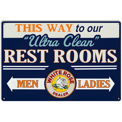 Ultra Clean White Rose Restrooms Reproduction Metal Sign - 18" x 30"