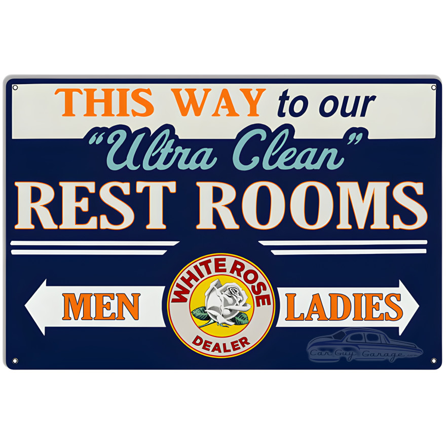 Ultra Clean White Rose Restrooms Reproduction Metal Sign - 18" x 30" Ultra Clean White Rose Restrooms Reproduction Metal Sign - 18" x 30"