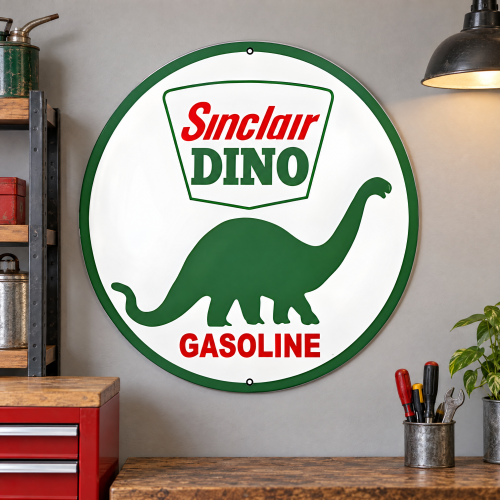Vintage Sinclair Dinosaur Gasoline Metal Sign - 30" Round