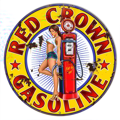 Red Crown Gasoline Pin Up Girl Metal Sign - 14" Round