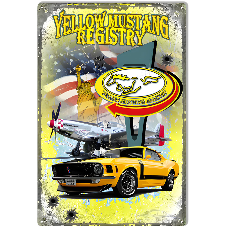 Yellow Mustang Statue Of Liberty Metal Sign - 12" x 18" Yellow Mustang Statue Of Liberty Metal Sign - 12" x 18"