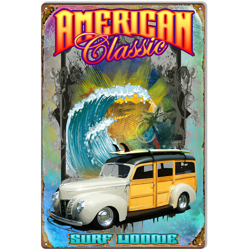 Surf Woodie Classic Metal Sign - 12" x 18"
