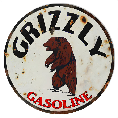 Grizzly Gasoline Motor Oil Metal Sign - 14" Round