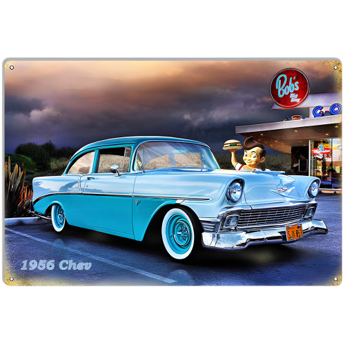 1956 Chevy At Bob's Big Boy Metal Sign - 12" x 18"