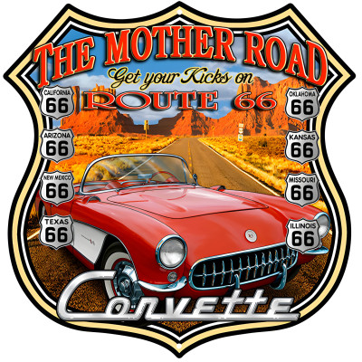 Route 66 Metal Sign with Corvette Art - 15 x 15