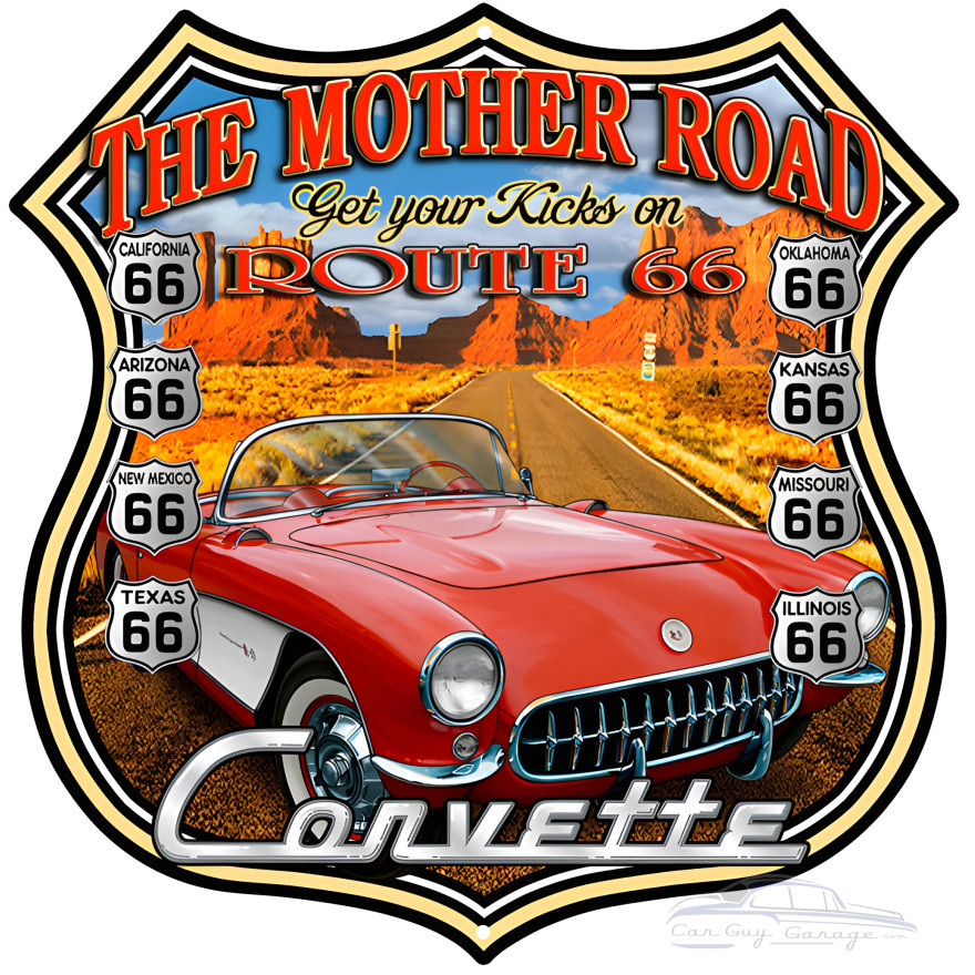 Corvette Route 66 The Mother Road Garage Shop Metal Sign - 15" x 15" Corvette Route 66 The Mother Road Garage Shop Metal Sign - 15" x 15"