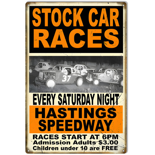 Stock Car Races Saturday Night Motor Speedway Metal Sign - 12" x 18"