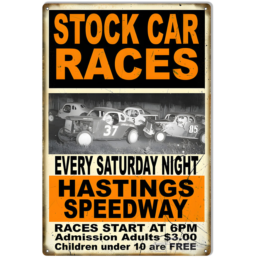Stock Car Races Saturday Night Motor Speedway Metal Sign - 12" x 18" Stock Car Races Saturday Night Motor Speedway Metal Sign - 12" x 18"
