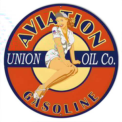 Aviation Pin Up Girl Motor Oil Metal Sign - 24" Round