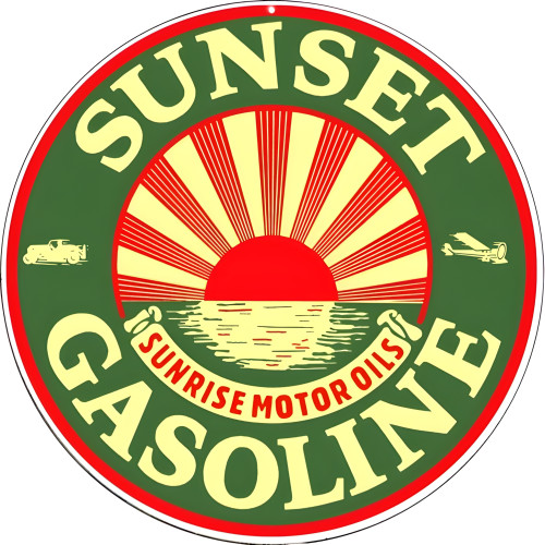 Sunset Gasoline Sunrise Motor Oils Metal Sign - 14" Round