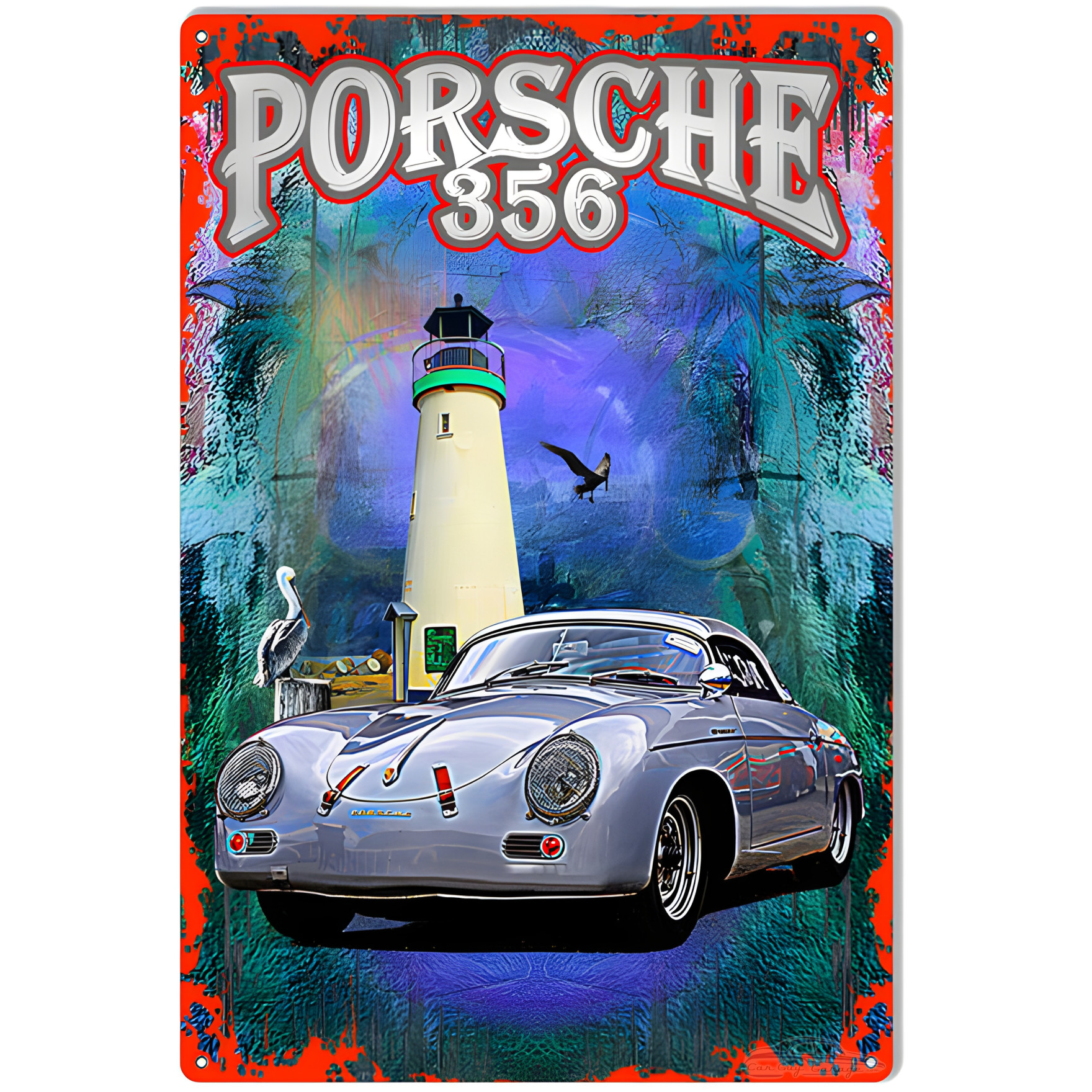 Porsche 356 With Lighthouse Garage Art Metal Sign - 12