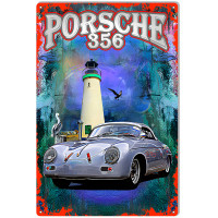 Porsche 356 With Lighthouse Garage Art Metal Sign - 12" x 18"