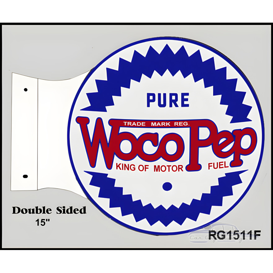 Woco Pep King Of Motor Fuel Double Sided Flange Metal Sign - 15" x 17.5" Woco Pep King Of Motor Fuel Double Sided Flange Metal Sign - 15" x 17.5"