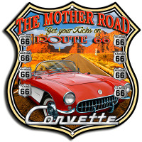 3 of Route 66 Corvette Cut Out Metal Sign - 7.5" x 7.5"