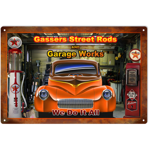 Gassers Street Rods Repair Shop Hot Rod Metal Sign - 12" x 18"