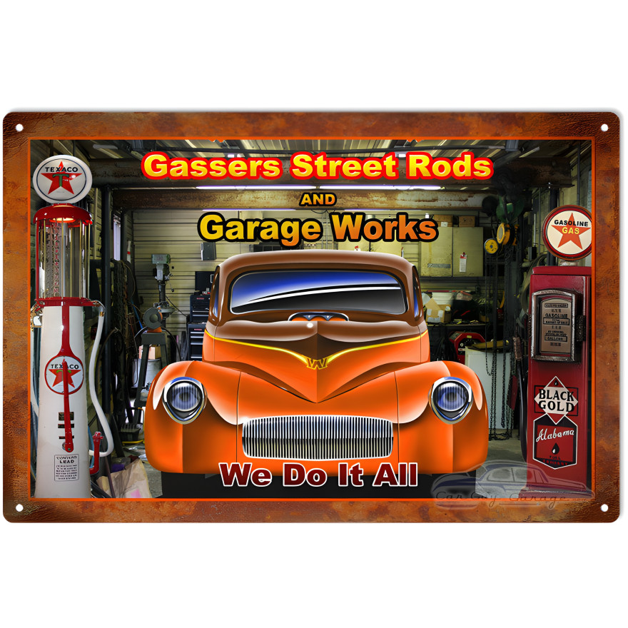 Gassers Street Rods Repair Shop Hot Rod Metal Sign - 12" x 18" Gassers Street Rods Repair Shop Hot Rod Metal Sign - 12" x 18"