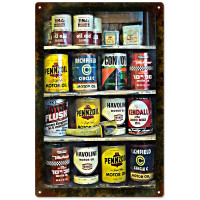 Different Motor Oils On A Shelf Metal Sign - 12" x 18"