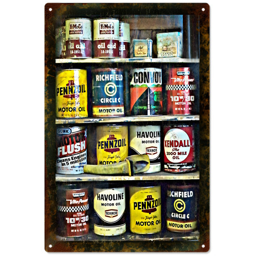 Different Motor Oils On A Shelf Metal Sign - 12" x 18"