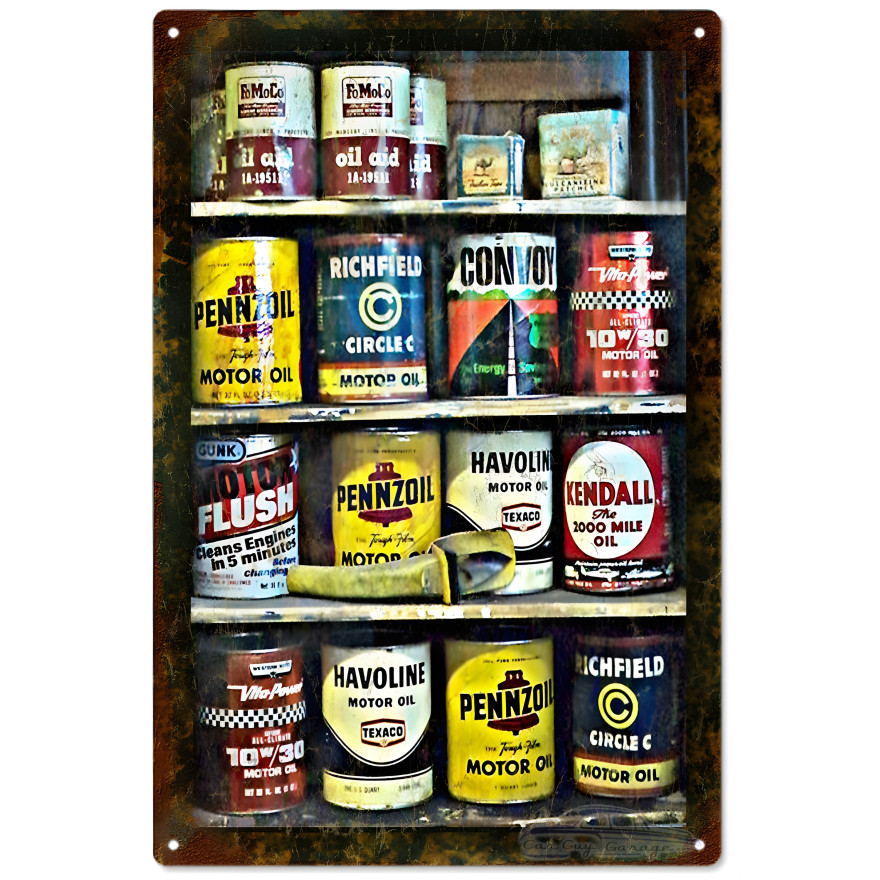 Different Motor Oils On A Shelf Metal Sign - 12" x 18" Different Motor Oils On A Shelf Metal Sign - 12" x 18"