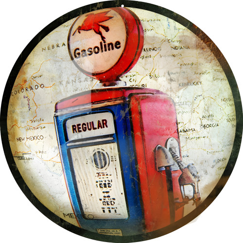 Reproduction Aged Looking Gasoline Regular Metal Sign - 14" Round