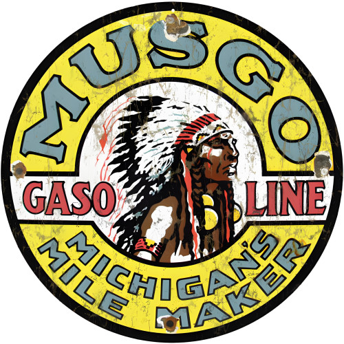 Musgo Gasoline Michigan's Mile Marker Metal Sign - 14" Round