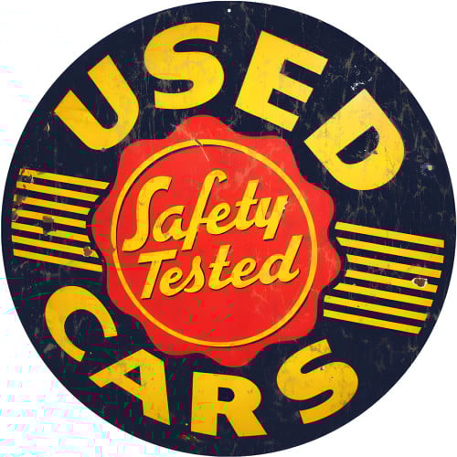 Used Cars Safety Tested Service Station Metal Sign - 14" Round