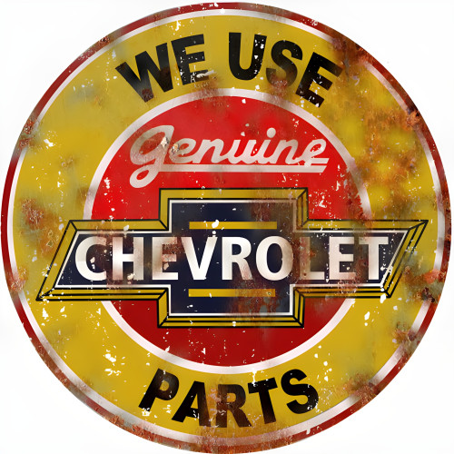 We Use Genuine Chevrolet Parts Metal Sign - 14" Round