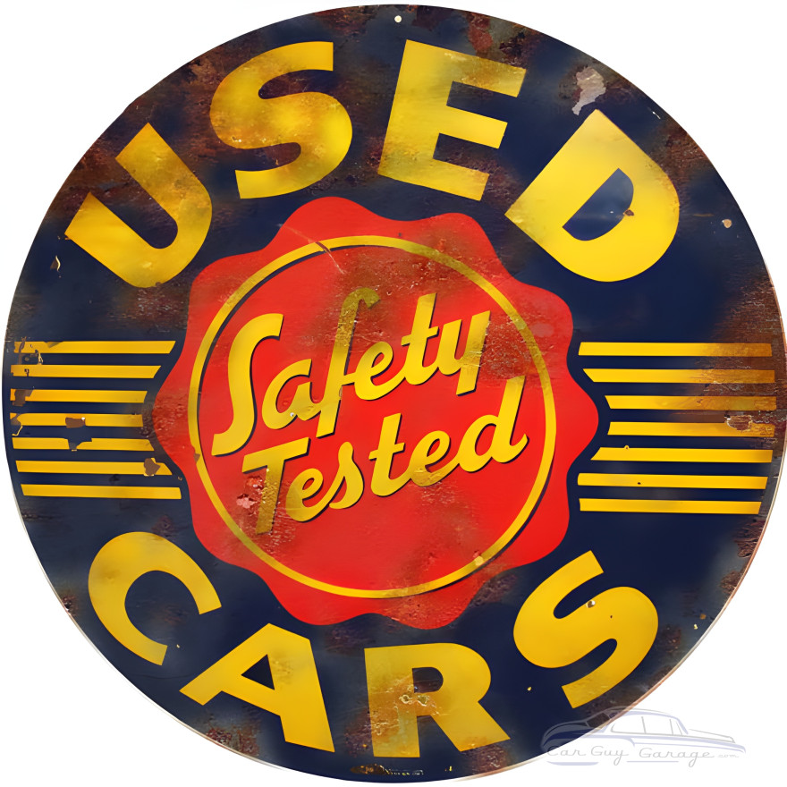 Used Cars Safety Tested Service Station Metal Sign - 14" Round Used Cars Safety Tested Service Station Metal Sign - 14" Round