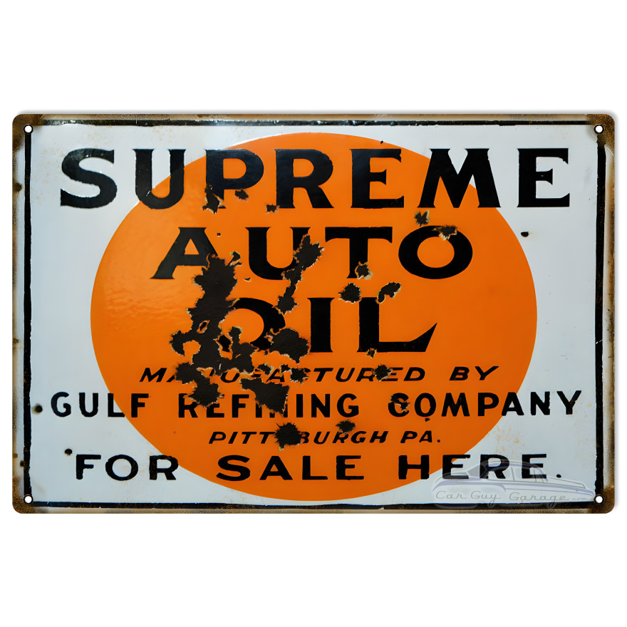 Supreme Auto Oil Manufactured By Gulf Refining Company Metal Sign - 12" x 18" Supreme Auto Oil Manufactured By Gulf Refining Company Metal Sign - 12" x 18"