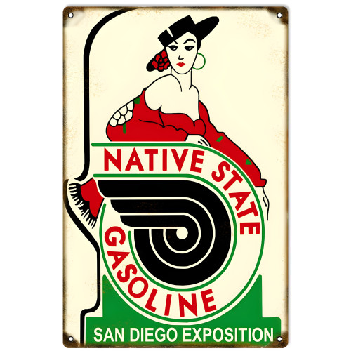 Native State Gasoline San Diego Exposition Metal Sign - 12" x 18"