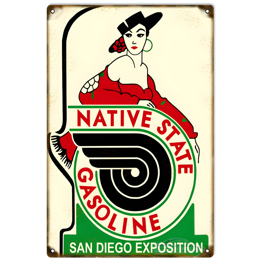 Native State Gasoline San Diego Exposition Metal Sign - 12" x 18" Native State Gasoline San Diego Exposition Metal Sign - 12" x 18"