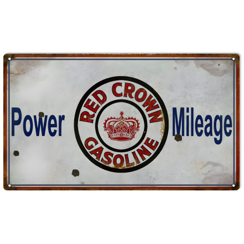 Red Crown Gasoline Power Mileage Metal Sign - 8" x 14"