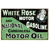 White Rose Motor Gasoline And National Carbonless Motor Oil Metal Sign - 12" x 18"