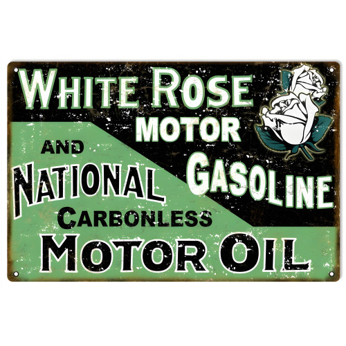 White Rose Motor Gasoline And National Carbonless Motor Oil Metal Sign - 12" x 18"
