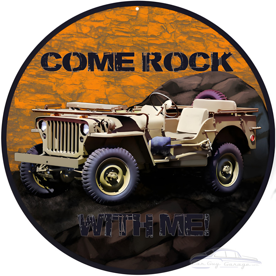 Orange Nostalgic Come Rock With Me Jeep Metal Sign - 14" Round Orange Nostalgic Come Rock With Me Jeep Metal Sign - 14" Round
