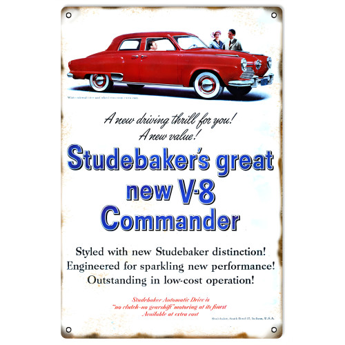 Studebaker V-8 Commander Metal Sign - 12" x 18"